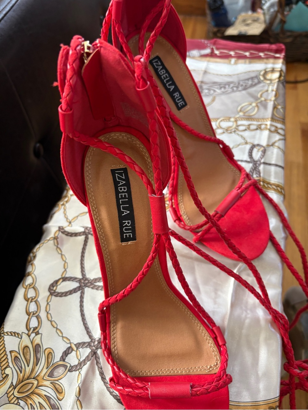 Izabella Rue Red Braided Lace-Up Stiletto Sandals